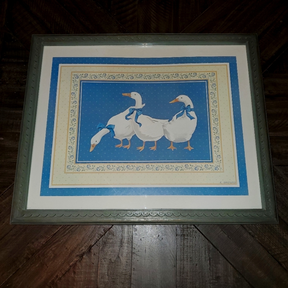 Vintage Framed Print “Country Goose” Blue White Geese By Elizabeth Brownd 22x18